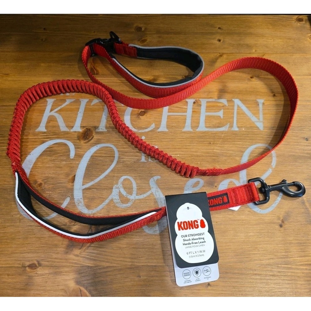NEW KONG COMFORT & REFLECTIVE PADDED HANDLE HANDS-FREE BUNGEE LEASH RED‎